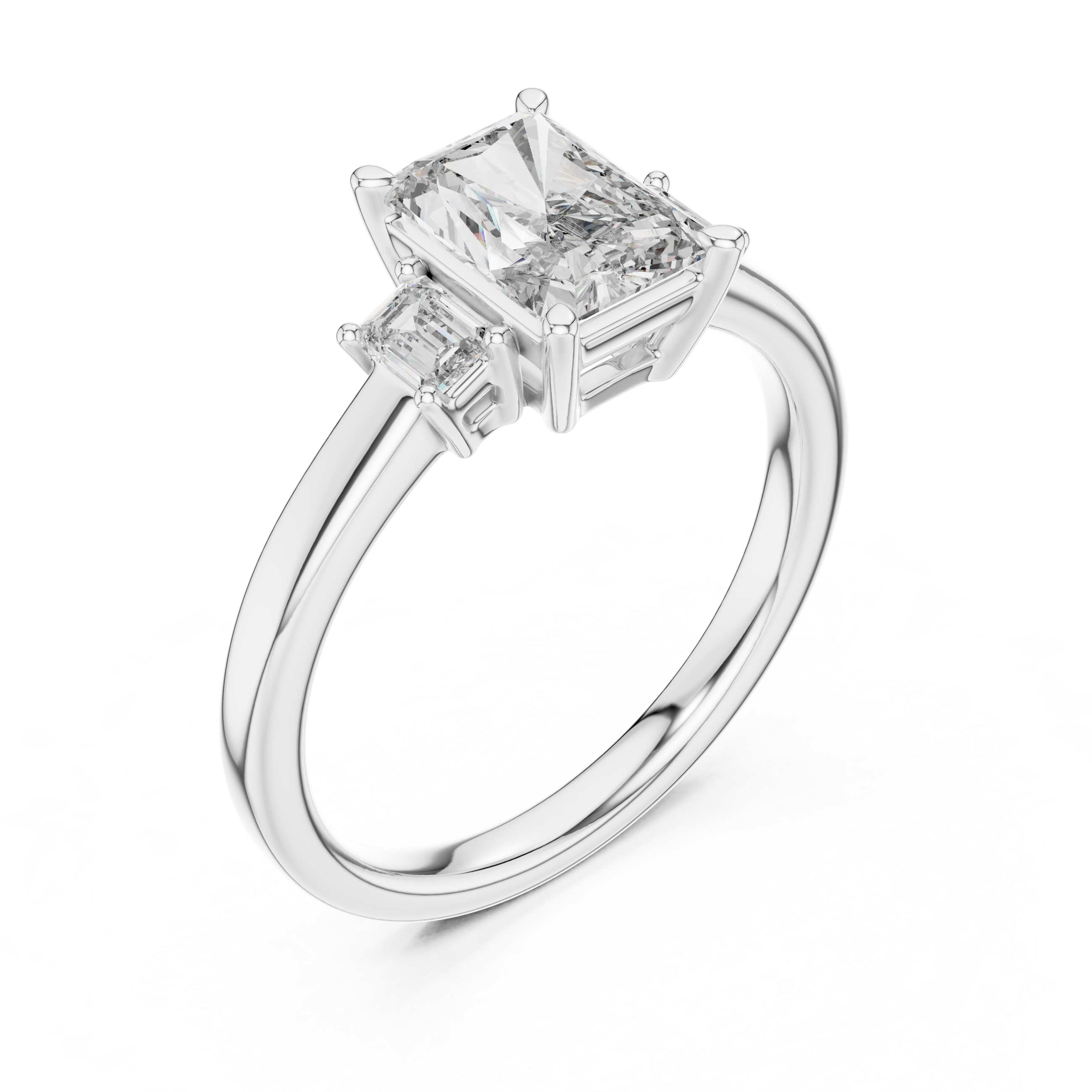 Diamond ring with a central princess-cut diamond and two smaller diamonds on a white background